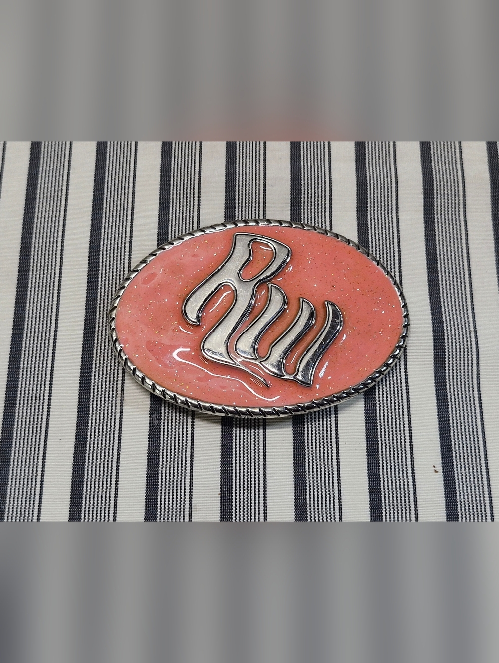 Western Belt Buckle Pink Enamel Silver Tone Oval 4” Unbranded